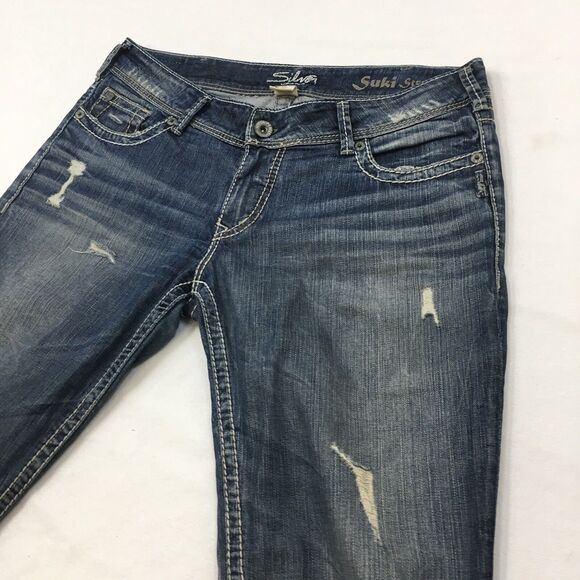 SILVER Suki Jeans Women 36x30 Straight Medium Wash Distressed Stretch Denim Blue - Picture 4 of 16
